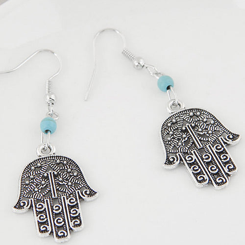 E881 Silver & Turquoise Buddhist Hand Earrings - Iris Fashion Jewelry
