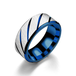 R407 Blue with Silver Stripe Pattern Stainless Steel Ring - Iris Fashion Jewelry