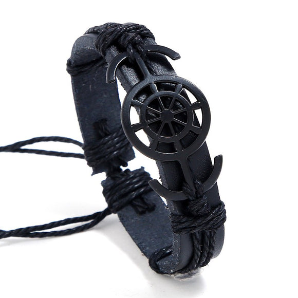 B459 Black Leather Ship Wheel Bracelet - Iris Fashion Jewelry