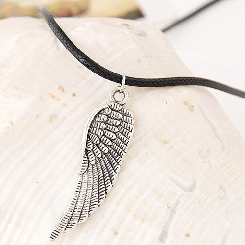 N843 Silver Wing Leather Cord Necklace - Iris Fashion Jewelry