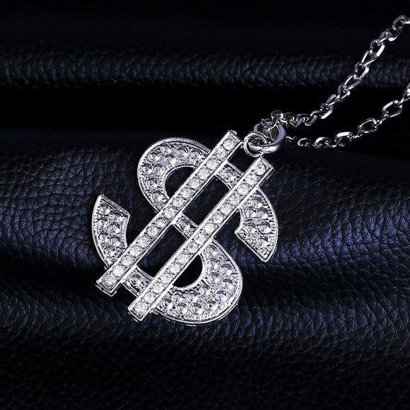 N849 Silver Dollar Sign $ Diamond Studded Necklace - Iris Fashion Jewelry