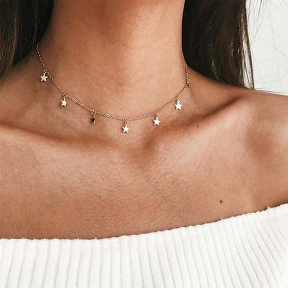 N1501 Gold Star Choker Necklace with FREE Earrings - Iris Fashion Jewelry