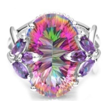 R317 Silver Iridescent Gemstone with Purple Raised Accent Ring - Iris Fashion Jewelry