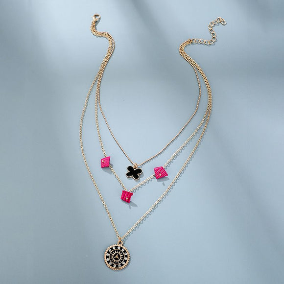 N695 Gold Multi Layer Hot Pink Accent Necklace with FREE Earrings - Iris Fashion Jewelry