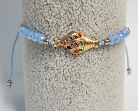 *B921 Periwinkle Blue Cord Bead Multi Color Rhinestone Conch Shell Bracelet - Iris Fashion Jewelry