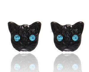 E893 Small Black Cat Blue Rhinestone Eyes Earrings - Iris Fashion Jewelry