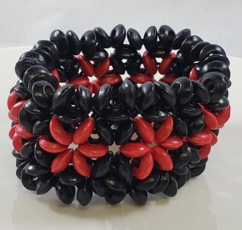 B453 Black & Red Flower Design Wooden Bead Bracelet - Iris Fashion Jewelry