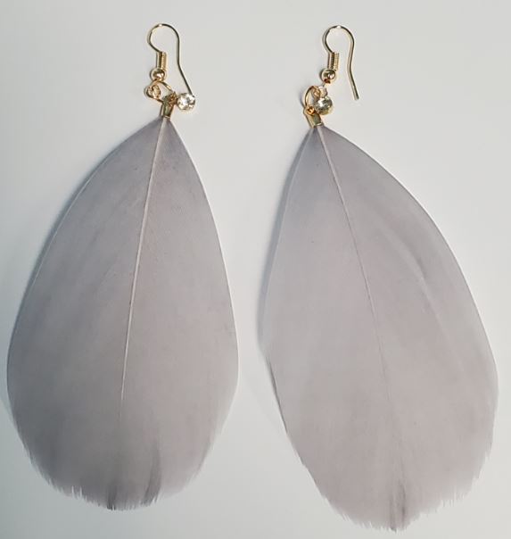 *E243 Large Gray Feather with Rhinestone Earrings - Iris Fashion Jewelry