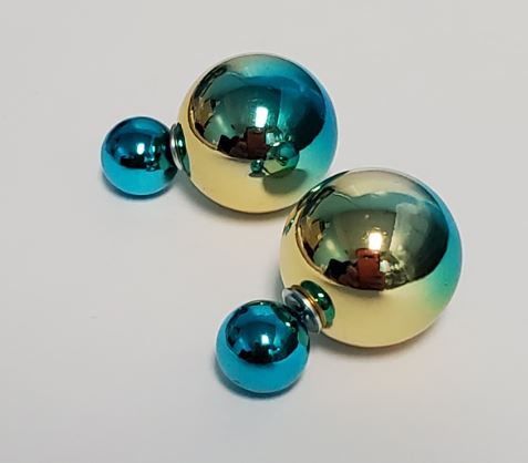 *E439 Fashion Blue & Gold Two Tone Double Ball Earrings - Iris Fashion Jewelry