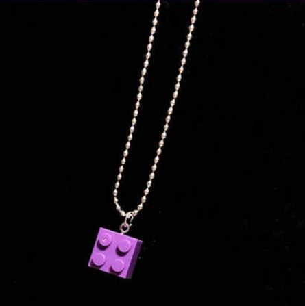 L74 Purple Building Block on Beaded Chain Necklace FREE Earrings - Iris Fashion Jewelry