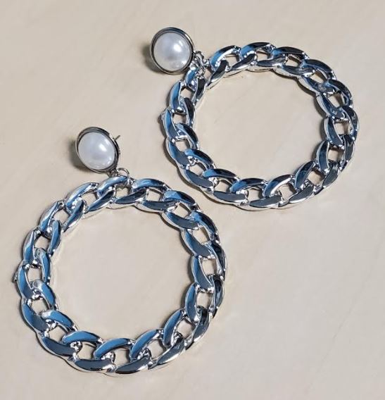 E311 Large Silver Acrylic Chain Link Hoop Earrings - Iris Fashion Jewelry
