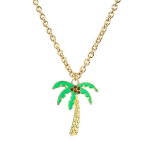 N1106 Gold Green Baked Enamel Palm Tree Necklace FREE Earrings - Iris Fashion Jewelry