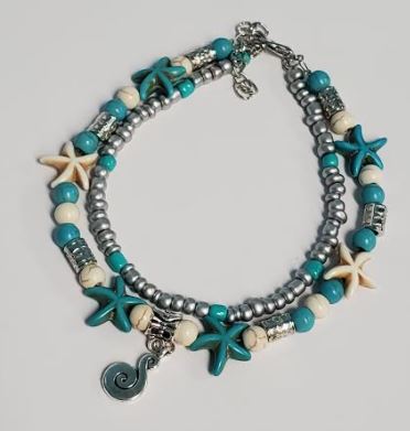 B301 Silver & Turquoise Starfish & Swirl Ankle Bracelet - Iris Fashion Jewelry