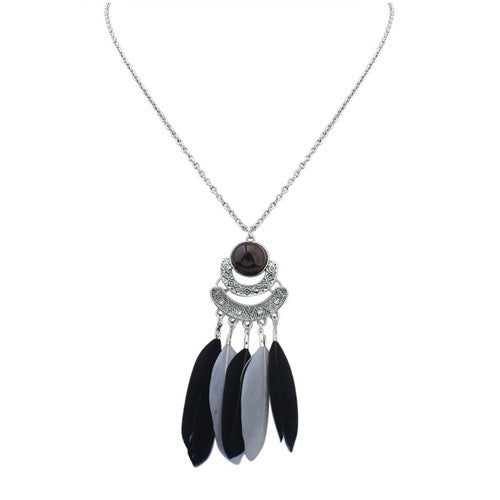 N786 Silver Black Feather Tassel Necklace with FREE Earrings - Iris Fashion Jewelry