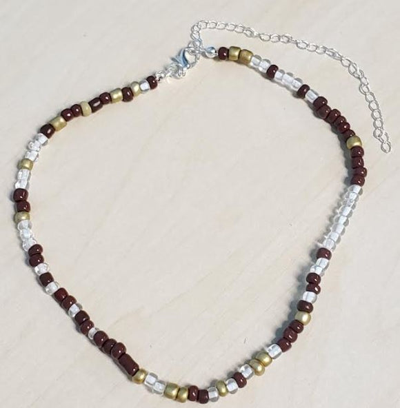 N711 Silver Brown Clear Gold Seed Bead Choker Necklace with FREE Earrings - Iris Fashion Jewelry