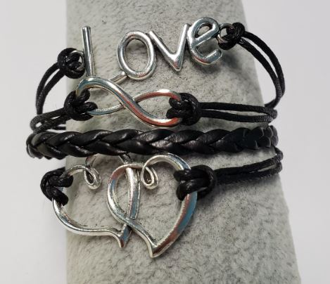 B602 Black Love Hearts Infinity Leather Layered Bracelet - Iris Fashion Jewelry