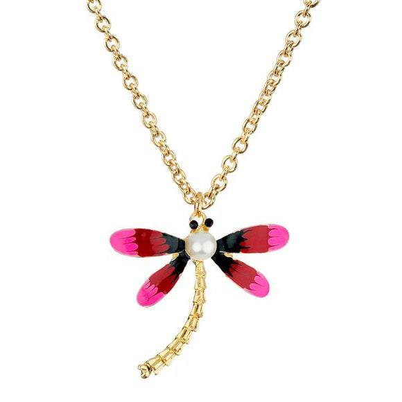N502 Gold Pink Red Black Dragonfly with Pearl Necklace FREE Earrings - Iris Fashion Jewelry