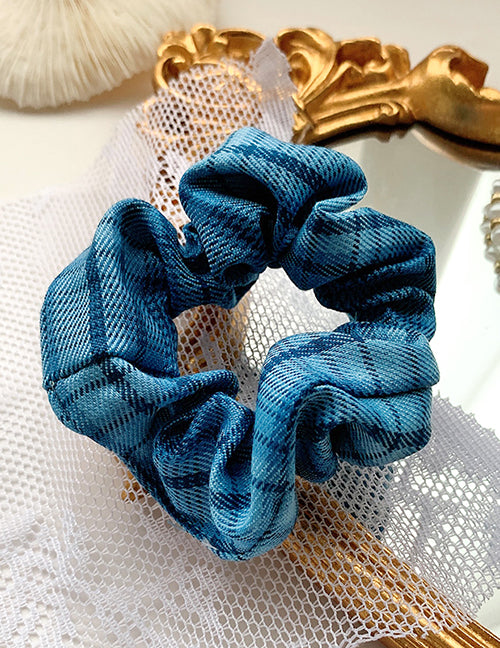 H743 Blue Plaid Print Hair Scrunchie - Iris Fashion Jewelry
