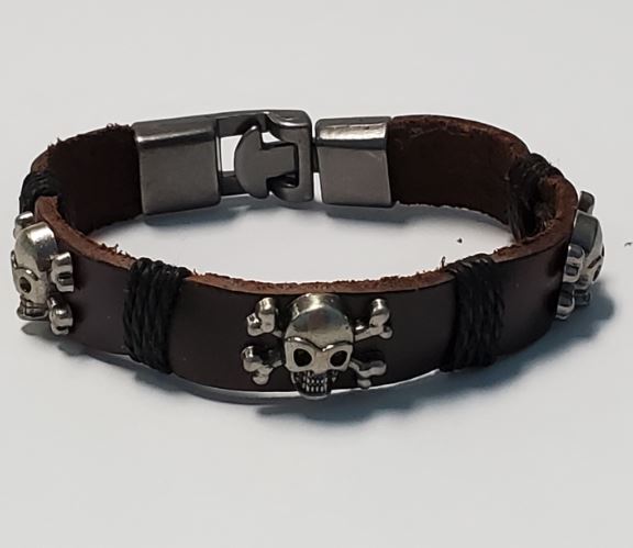 *B624 Multi Skulls Brown Leather Black Cord Bracelet - Iris Fashion Jewelry