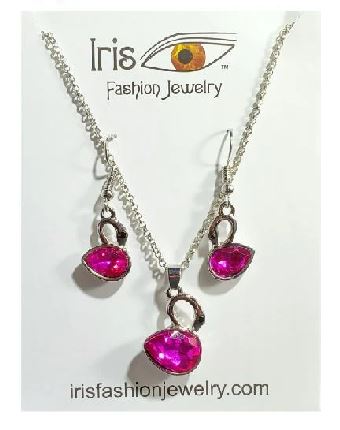 *N1349 Silver Swan Hot Pink Gemstone Necklace with FREE Earrings - Iris Fashion Jewelry