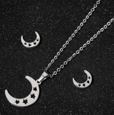 N97 Silver Moon & Stars Stainless Steel Necklace with FREE Earrings - Iris Fashion Jewelry