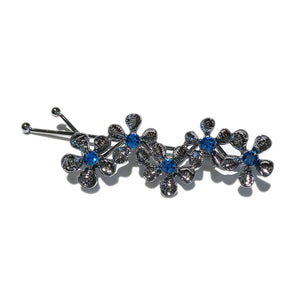 H628 Gun Metal Blue Flower Rhinestones Hair Pin - Iris Fashion Jewelry