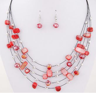 N1736 Red Bead Gemstones Multi Layer Necklace with FREE Earrings - Iris Fashion Jewelry
