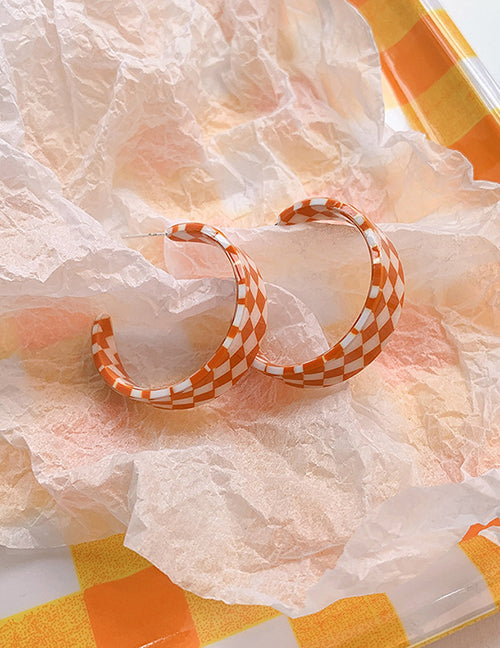 E1517 Orange Checkerboard Acrylic Hoop Earrings - Iris Fashion Jewelry