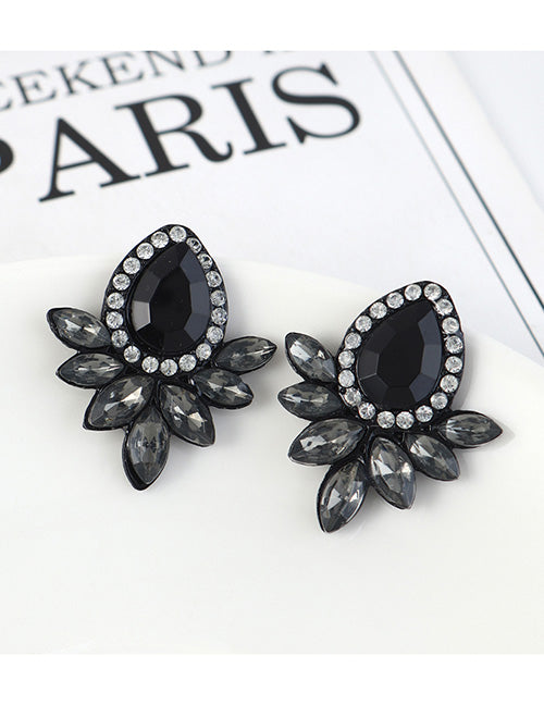 E1377 Black Teardrop Rhinestones & Gemstones Earrings - Iris Fashion Jewelry