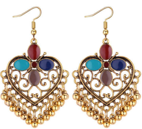 E708 Gold Heart Multi Color Tassel Earrings - Iris Fashion Jewelry
