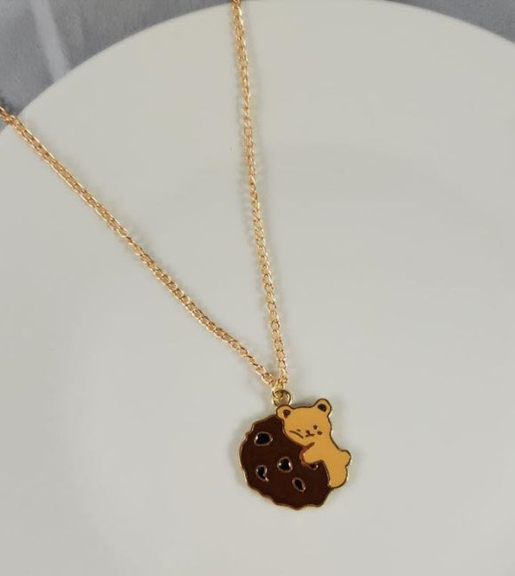 L159 Gold Baked Enamel Teddy Bear with Cookie Necklace with FREE Earrings - Iris Fashion Jewelry