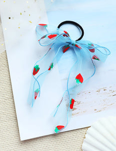 H344 Blue Strawberry Bow Hair Tie - Iris Fashion Jewelry