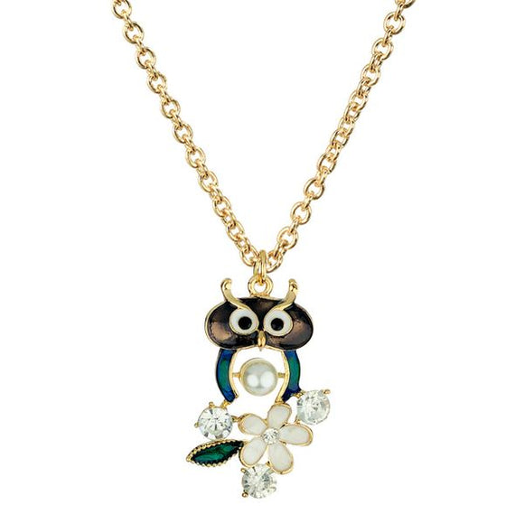 N1860 Black Baked Enamel Owl with Pearl and Gemstones Necklace FREE Earrings - Iris Fashion Jewelry
