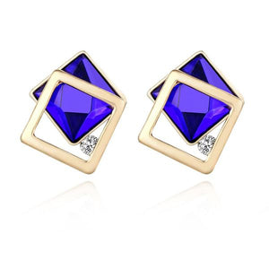 E565 Gold Blue Gemstone Geometric Diamond Earrings - Iris Fashion Jewelry