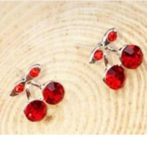 E856 Silver Red Rhinestone Cherry Earrings - Iris Fashion Jewelry