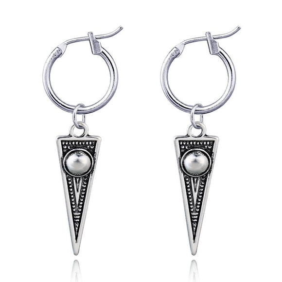 E242 Small Silver Hoop with Triangle Dangle Earrings - Iris Fashion Jewelry