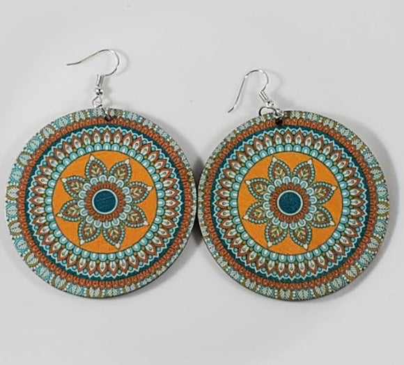 E239 Large Round Wooden Orange & Turquoise Flower Earrings - Iris Fashion Jewelry