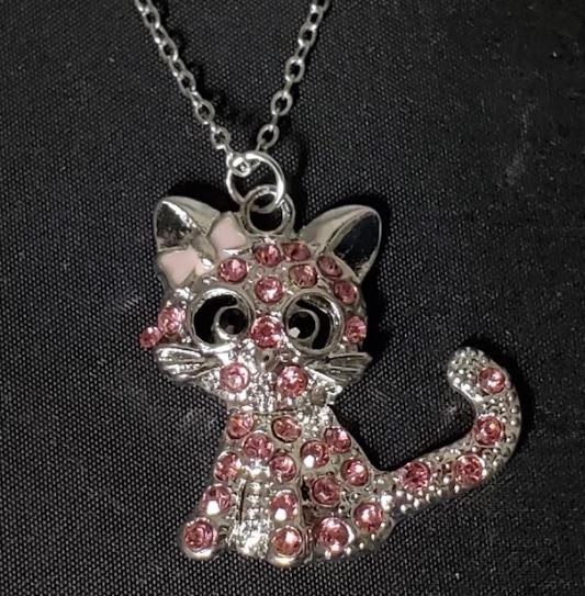 N559 Silver Light Pink Rhinestones Cat Necklace with FREE Earrings - Iris Fashion Jewelry