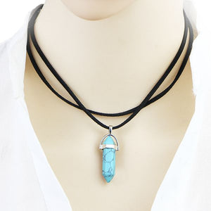 N665 Turquoise Crackle Crystal Leather Cord Choker Necklace with FREE Earrings - Iris Fashion Jewelry