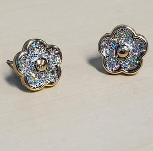 E685 Gold Iridescent Glitter Flower Stud Earrings - Iris Fashion Jewelry