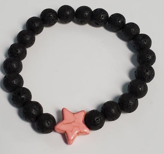 B924 Black Lava Stone Pale Pink Star Bead Bracelet - Iris Fashion Jewelry