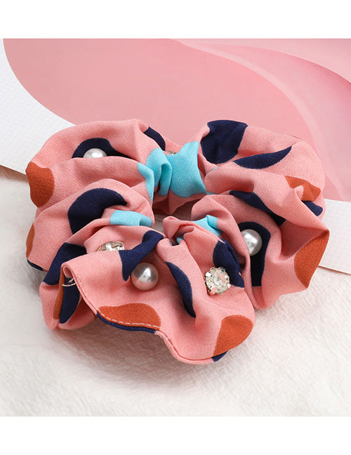 H570 Pale Pink Polka Dot with Pearls & Rhinestones Hair Scrunchie - Iris Fashion Jewelry