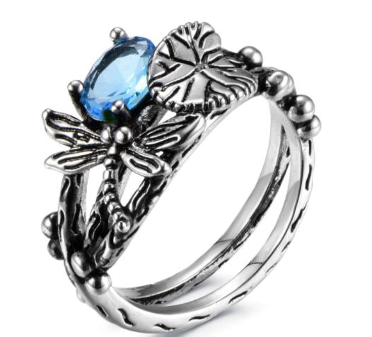 R129 Silver Light Blue Gemstone Dragonfly Ring - Iris Fashion Jewelry