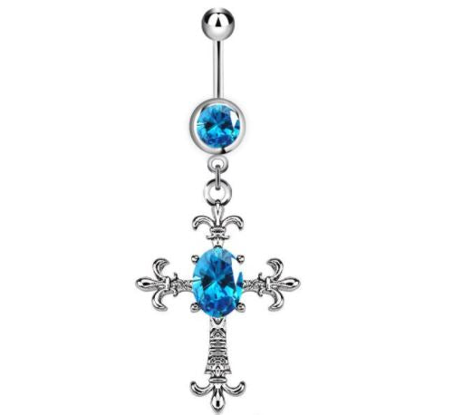 P05 Silver Blue Gem Cross Belly Button Ring - Iris Fashion Jewelry