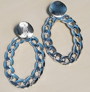 E909 Large Silver Acrylic Chain Link Oval Earrings - Iris Fashion Jewelry