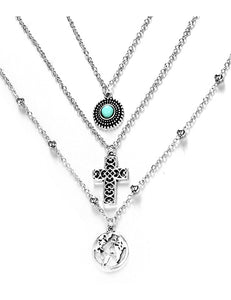 N145 Silver Multi Layer Cross & Globe Necklace with FREE Earrings - Iris Fashion Jewelry