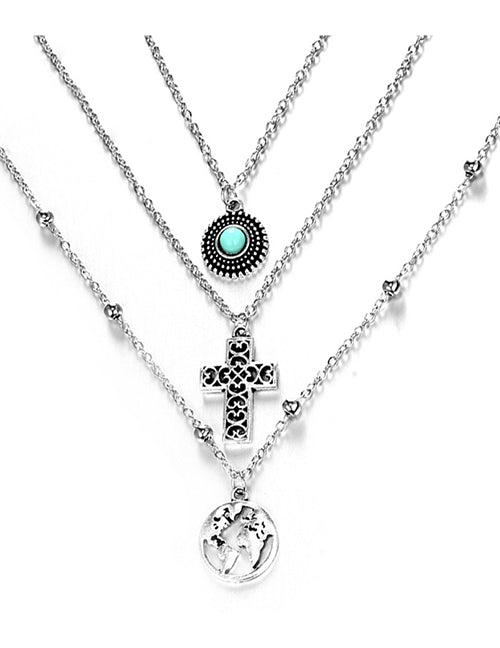 N145 Silver Multi Layer Cross & Globe Necklace with FREE Earrings - Iris Fashion Jewelry