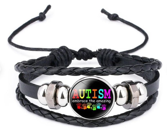 B247 Black Leather Embrace Autism Bracelet - Iris Fashion Jewelry