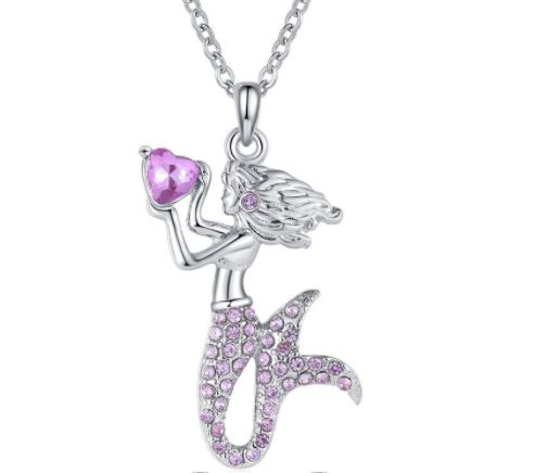 N873 Silver Lavender Rhinestone Mermaid Necklace with Free Earrings - Iris Fashion Jewelry