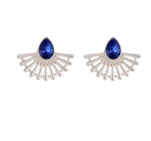 E1338 Silver Blue Rhinestone Fan Design Earrings - Iris Fashion Jewelry